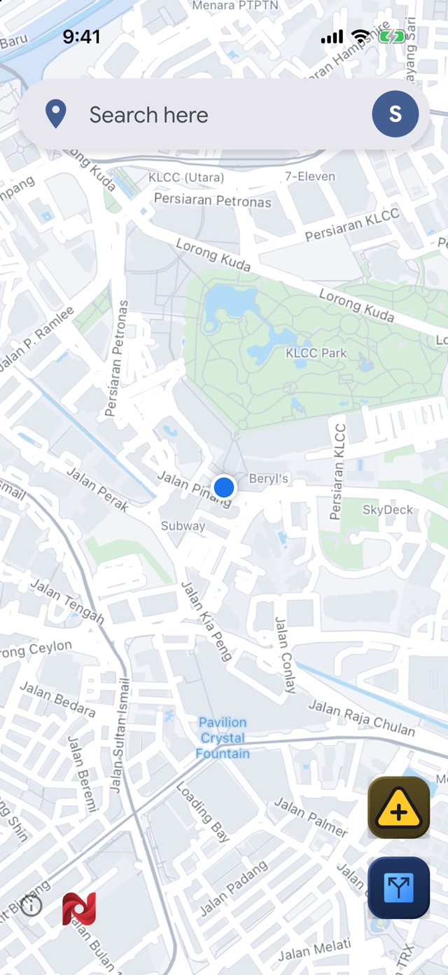 NaviLah map of Kuala Lumpur around KLCC Park with the search bar at the top