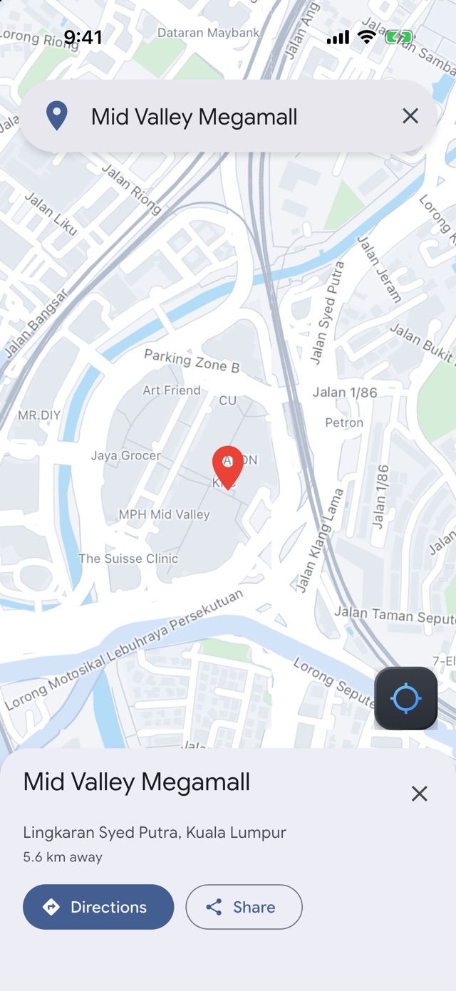 Mid Valley Megamall pinned on the map with its address, distance, and Directions and Share buttons