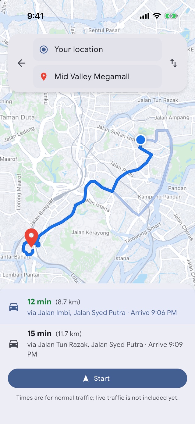 Two routes to Mid Valley Megamall, 12 minutes (8.7 km) and 15 minutes (11.7 km), with a Start button