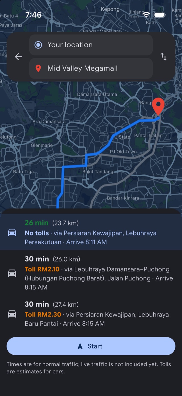 Three routes to Mid Valley Megamall: no tolls in 26 minutes, toll RM2.10 via LDP and toll RM2.30 via NPE in 30 minutes